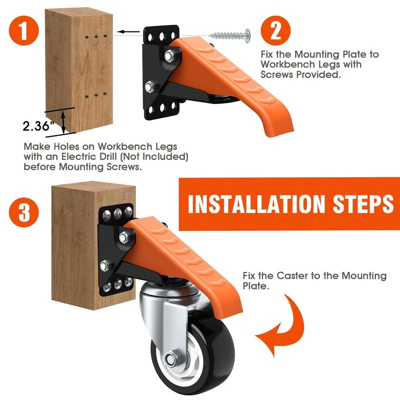 Ronlap Workbench Casters Kit 880 Lbs Capacity, 3" Extra Heavy Duty Retractable Casters 4 Pack, Side Mounted Adjustable Table Stepdown Casters - Image 4